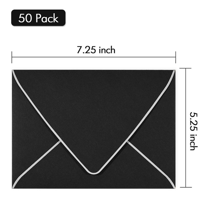 AZAZA 50 Pack, A7 Black Envelopes With Silver Border, Invitation 5 x 7 Envelopes - For 5x7 Cards| Self Seal| Perfect for Weddings, Invitations, Photos, Baby Shower| 5.25 x 7.25 Inches(Black-Silver Border) - Image 2